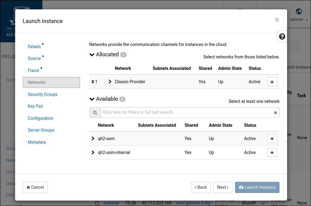 launch instance: networks