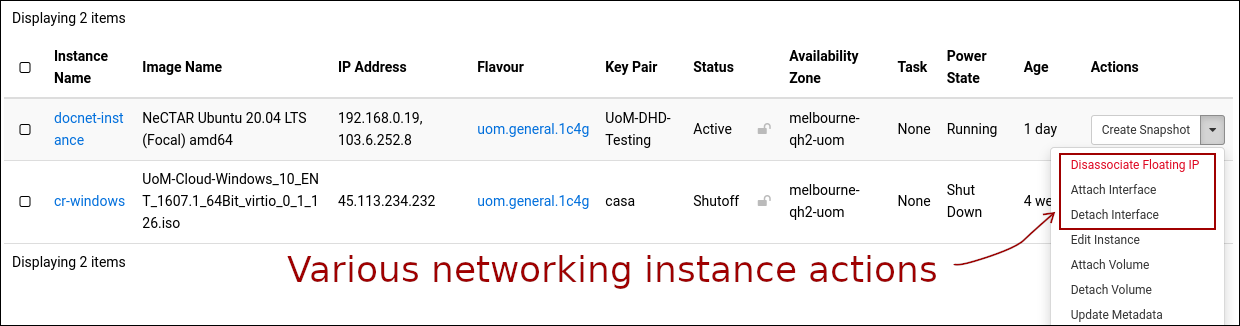 networking instance actions
